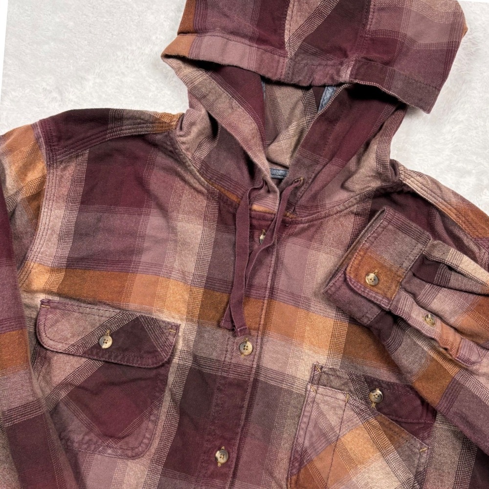 Carhartt Beartooth Hooded Flannel Shirt Women XXL Plum Brown Plaid Pockets Work